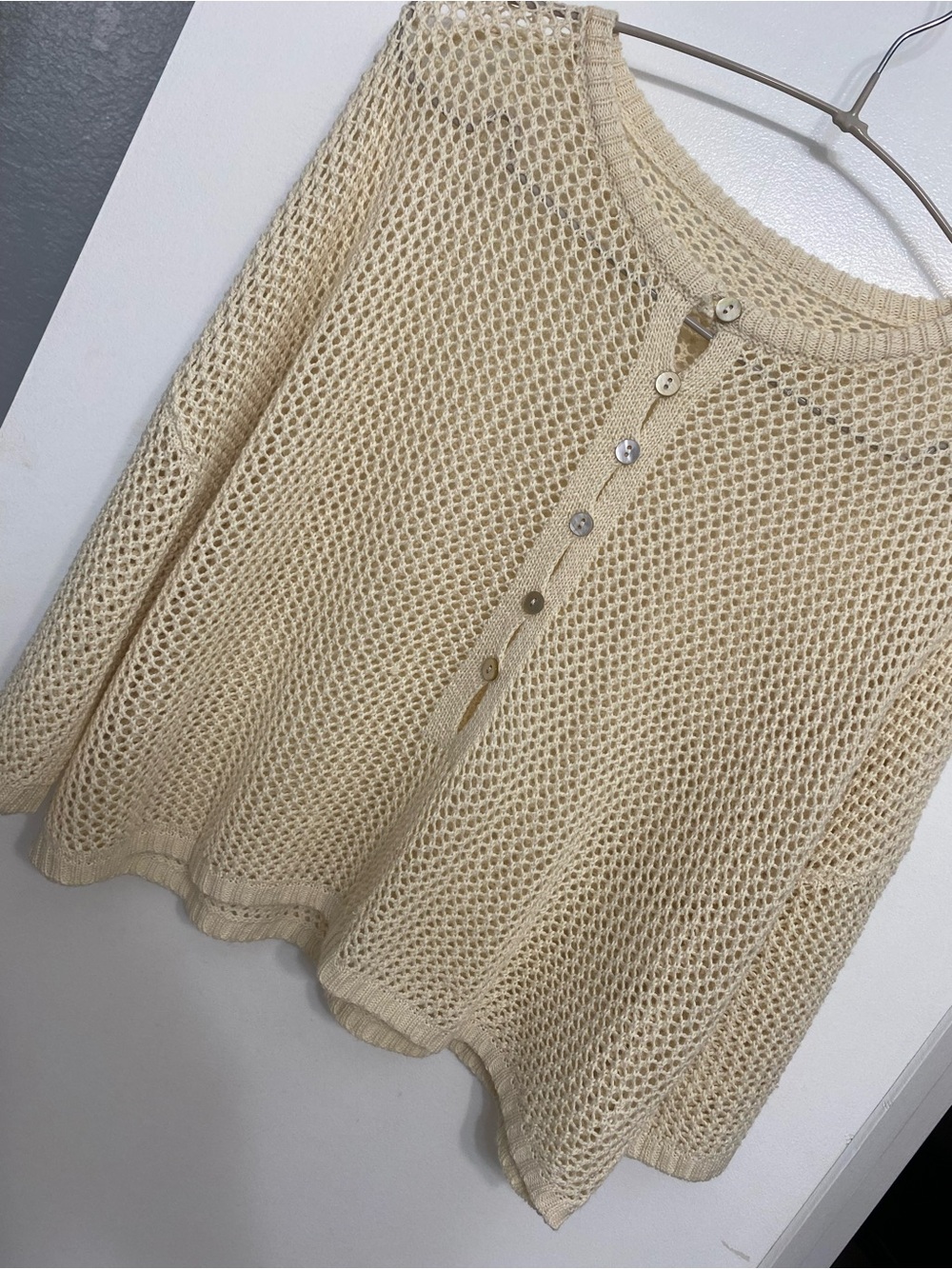 Light Cream Open-Weave Button-Front Women's Sweater